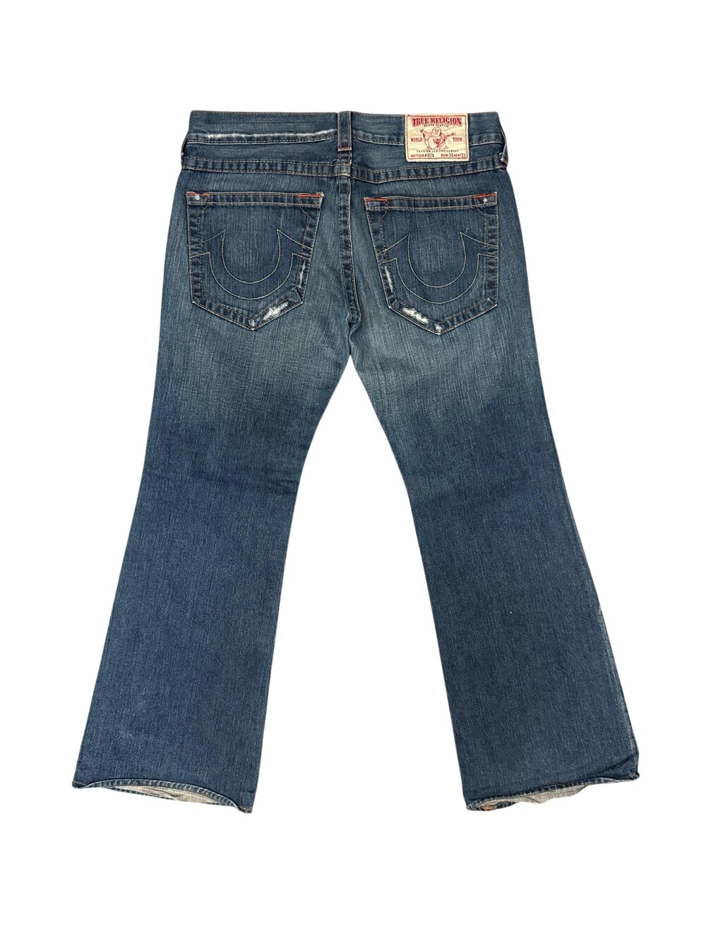 True Religion Jeans Mens 36x31 Blue Distressed Bootcut Denim Button Fly USA y2k
